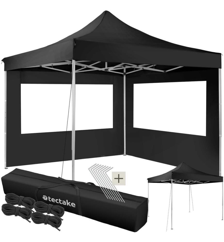 Gazebo pieghevole Olivia 3x3 m con 2 elementi laterali - nero