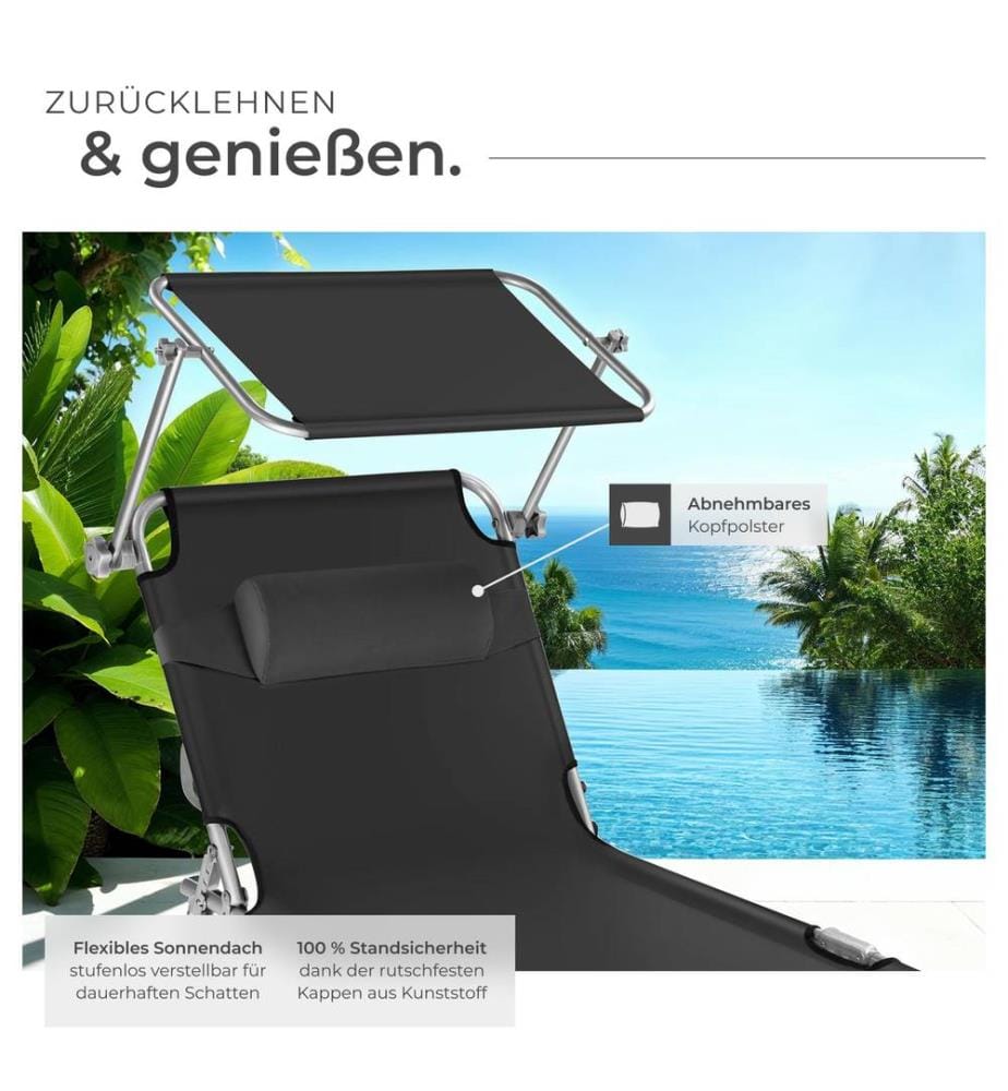 2 Gartenliegen 4-stufig mit Kopfpolster - schwarz