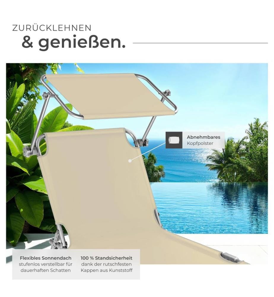 2 Gartenliegen 4-stufig mit Kopfpolster - beige
