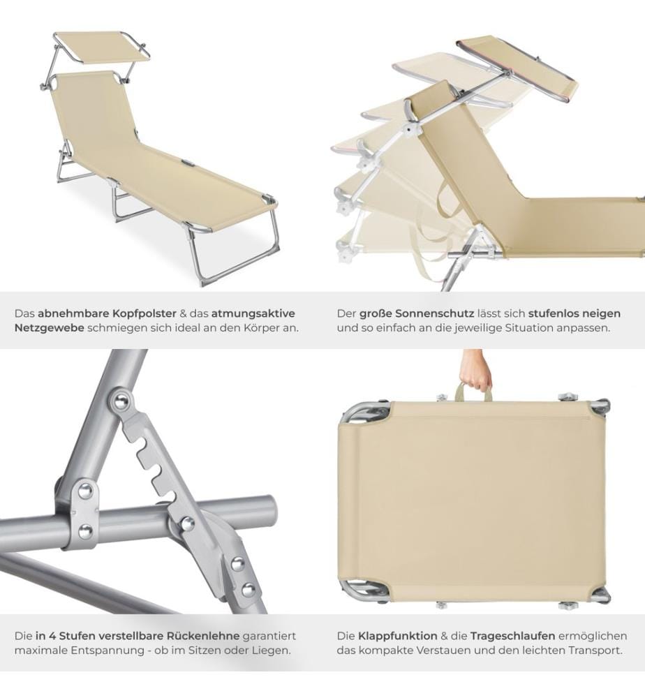 2 Gartenliegen 4-stufig mit Kopfpolster - beige