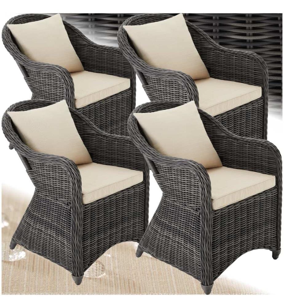 4 Poltrone in rattan e alluminio, cuscini per seduta e schienale - grigio