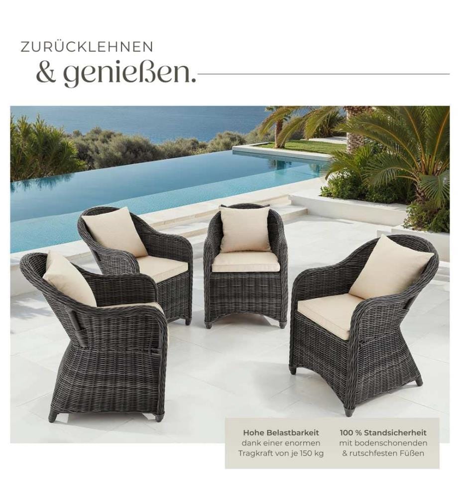 4 Poltrone in rattan e alluminio, cuscini per seduta e schienale - grigio