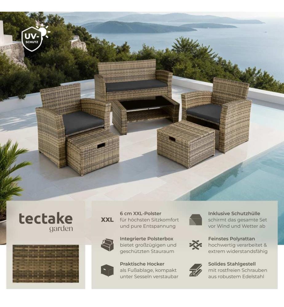 Salottino in rattan Modena 3 2 1, Involucro protettivo incluso - naturale