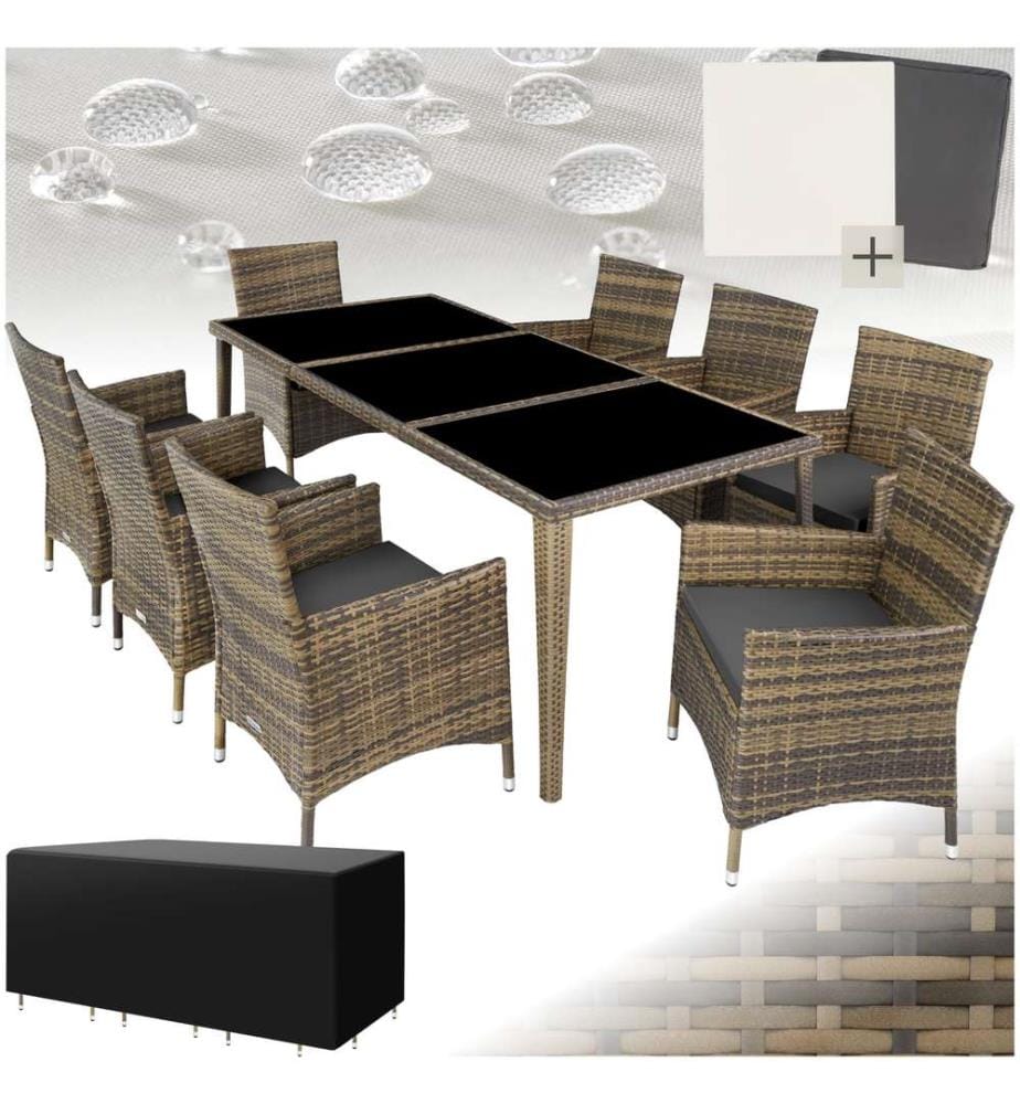 Set in rattan Menorca 8 sedie e 1 tavolo in alluminio, coperture protettive - naturale