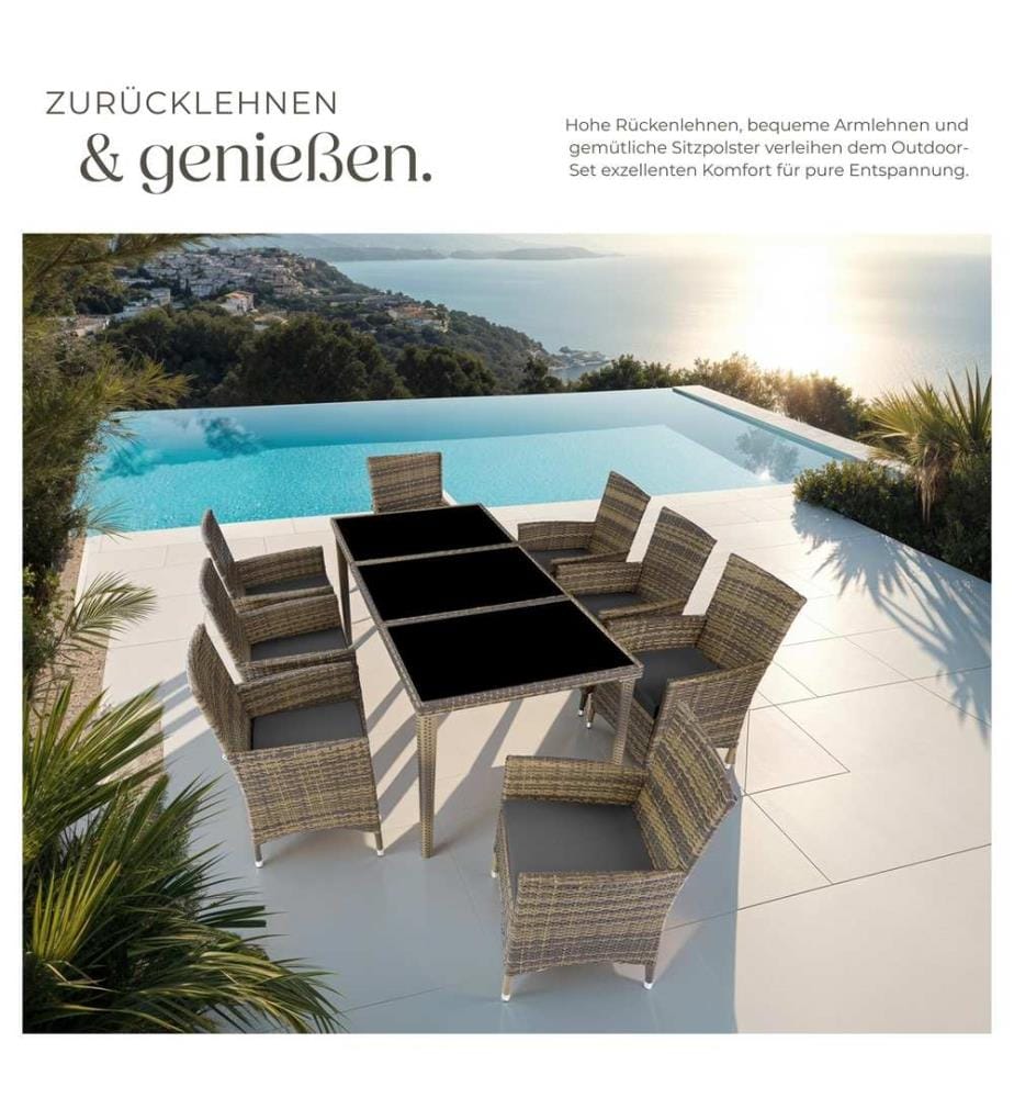 Set in rattan Menorca 8 sedie e 1 tavolo in alluminio, coperture protettive - naturale