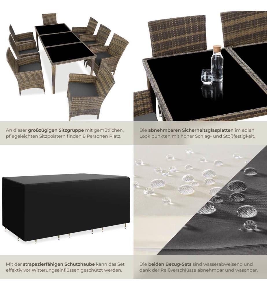 Set in rattan Menorca 8 sedie e 1 tavolo in alluminio, coperture protettive - naturale
