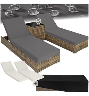 Lot de 2 bains de soleil en rotin et aluminium avec table et housse de protection - marron naturel