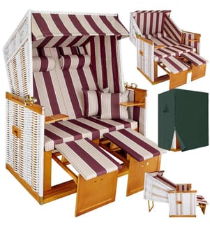 Strandkorb mit Polster, verstellbar, inkl Schutzhülle - rotweiss