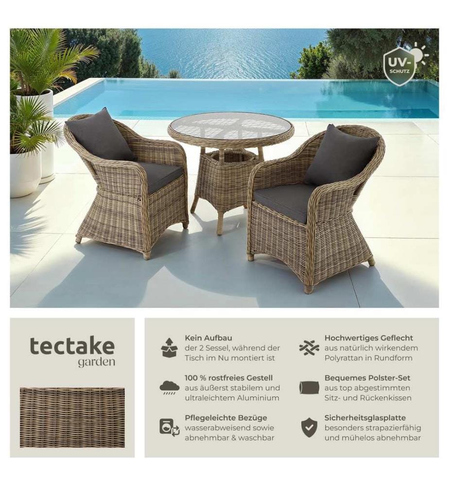Set da giardino Zurigo, 2 poltrone e tavolo - naturale