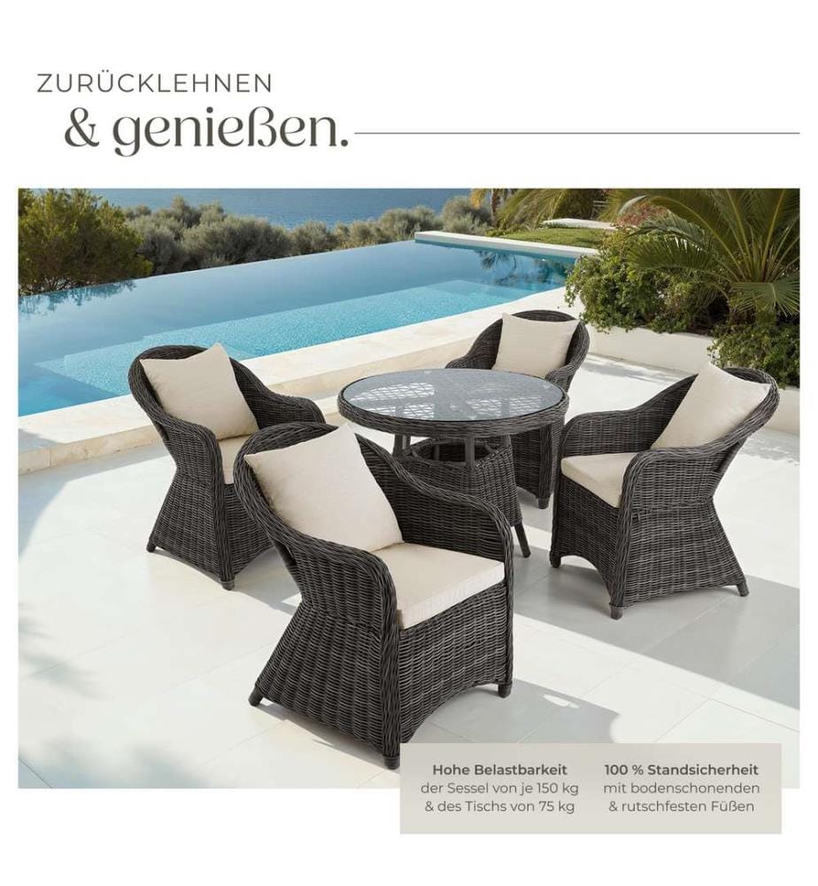 Set da giardino Zurigo, 4 poltrone e tavolo - grigio