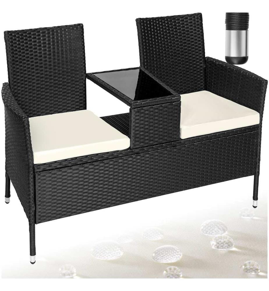 Rattan Gartensitzbank mit Tisch - schwarzbeige