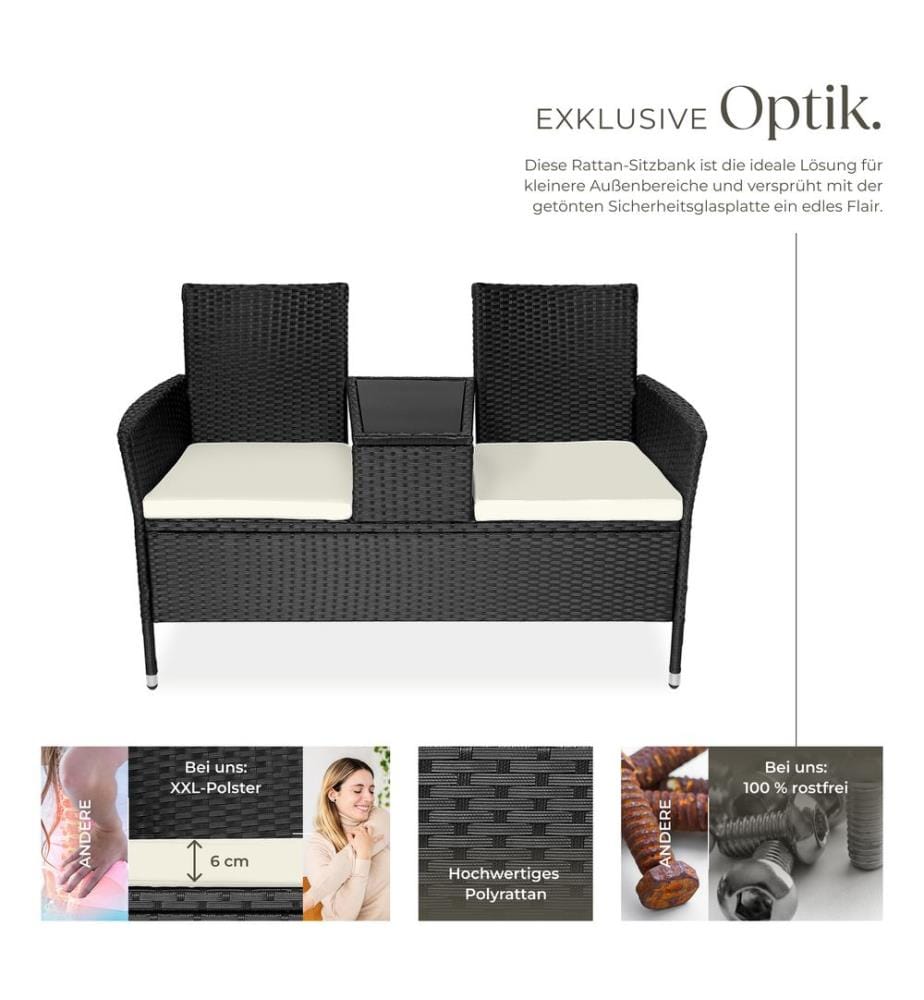 Rattan Gartensitzbank mit Tisch - schwarzbeige