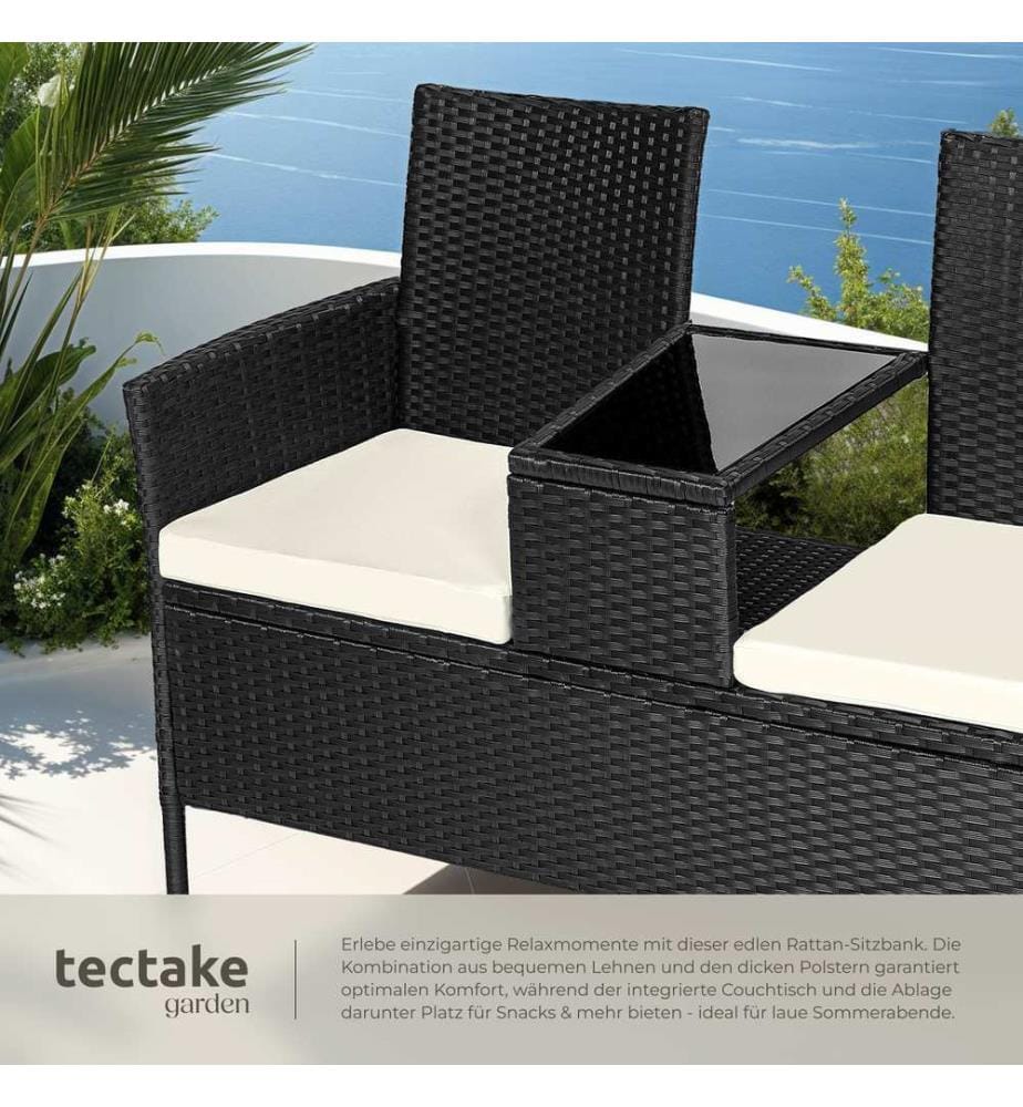 Rattan Gartensitzbank mit Tisch - schwarzbeige