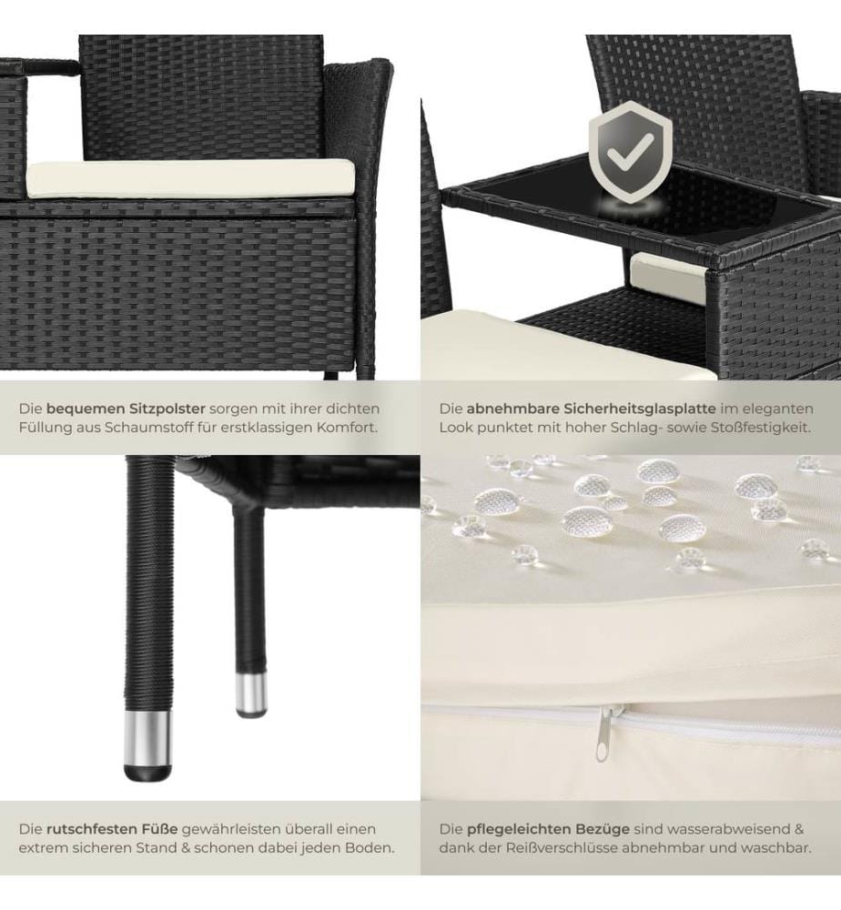 Rattan Gartensitzbank mit Tisch - schwarzbeige