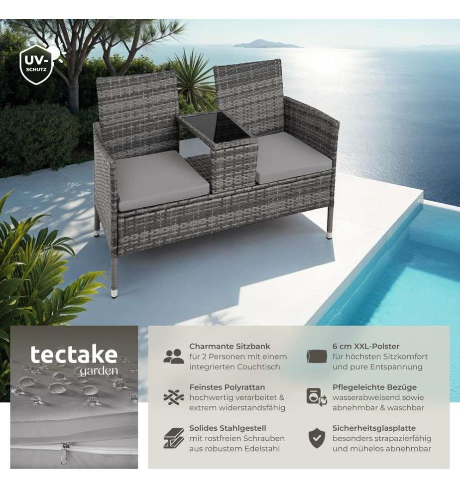 Rattan Gartensitzbank mit Tisch - grauhellgrau