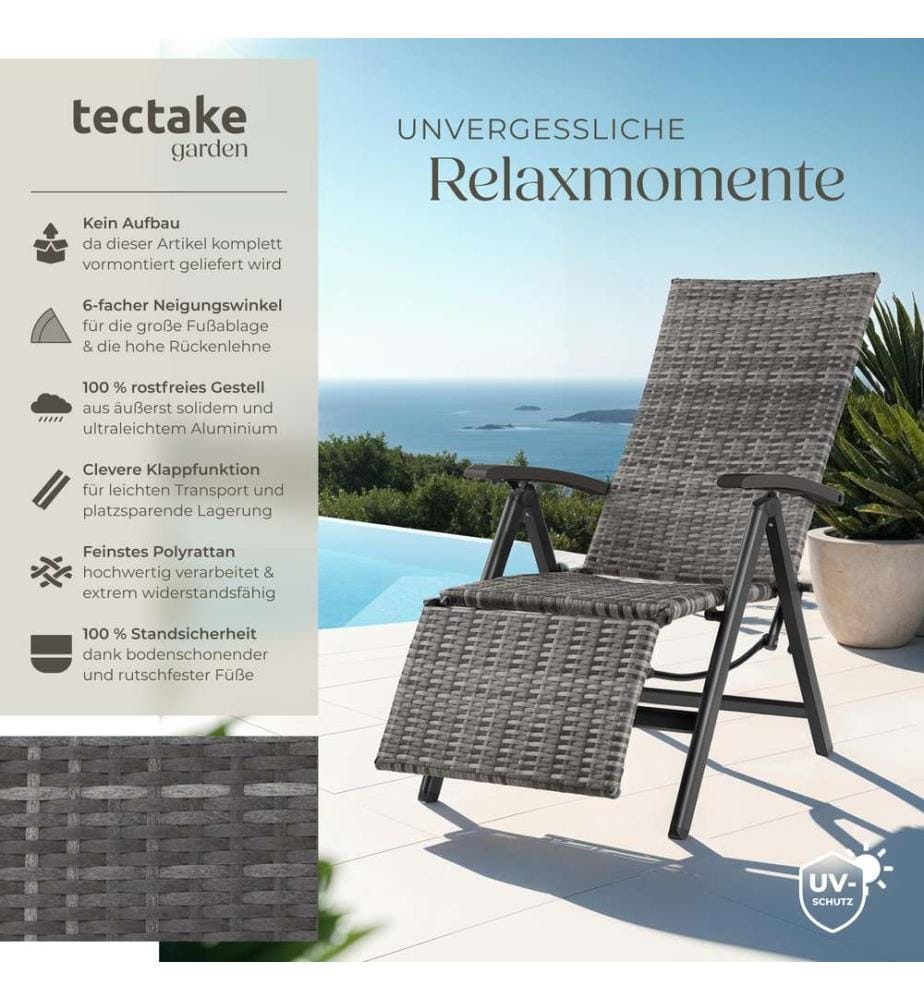 Sedia in rattan Brisbane pieghevole con telaio in alluminio e poggiapiedi - grigio