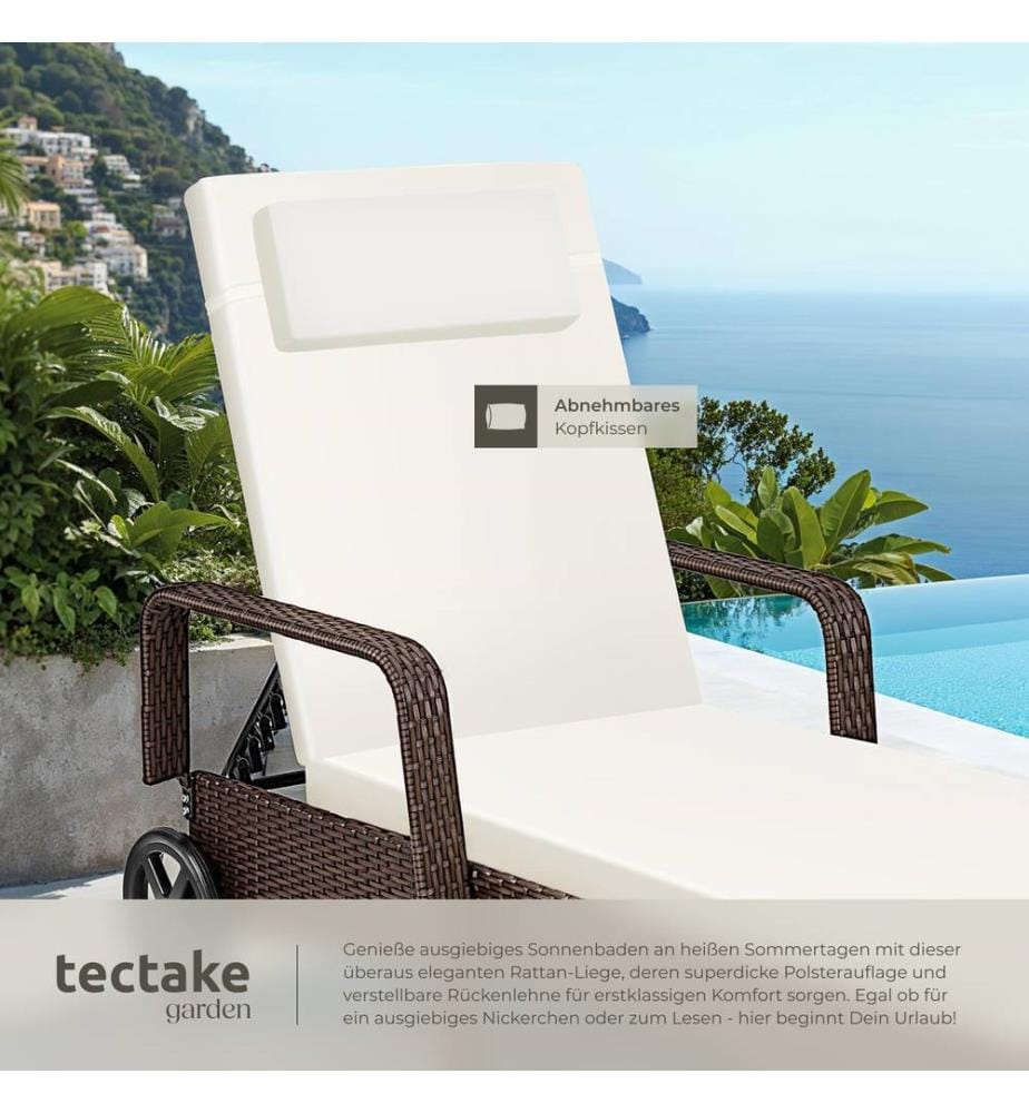 Sun Lounger - 6-position backrest, weather & UV-resistant, soft pillow, two wheels - mixed brown