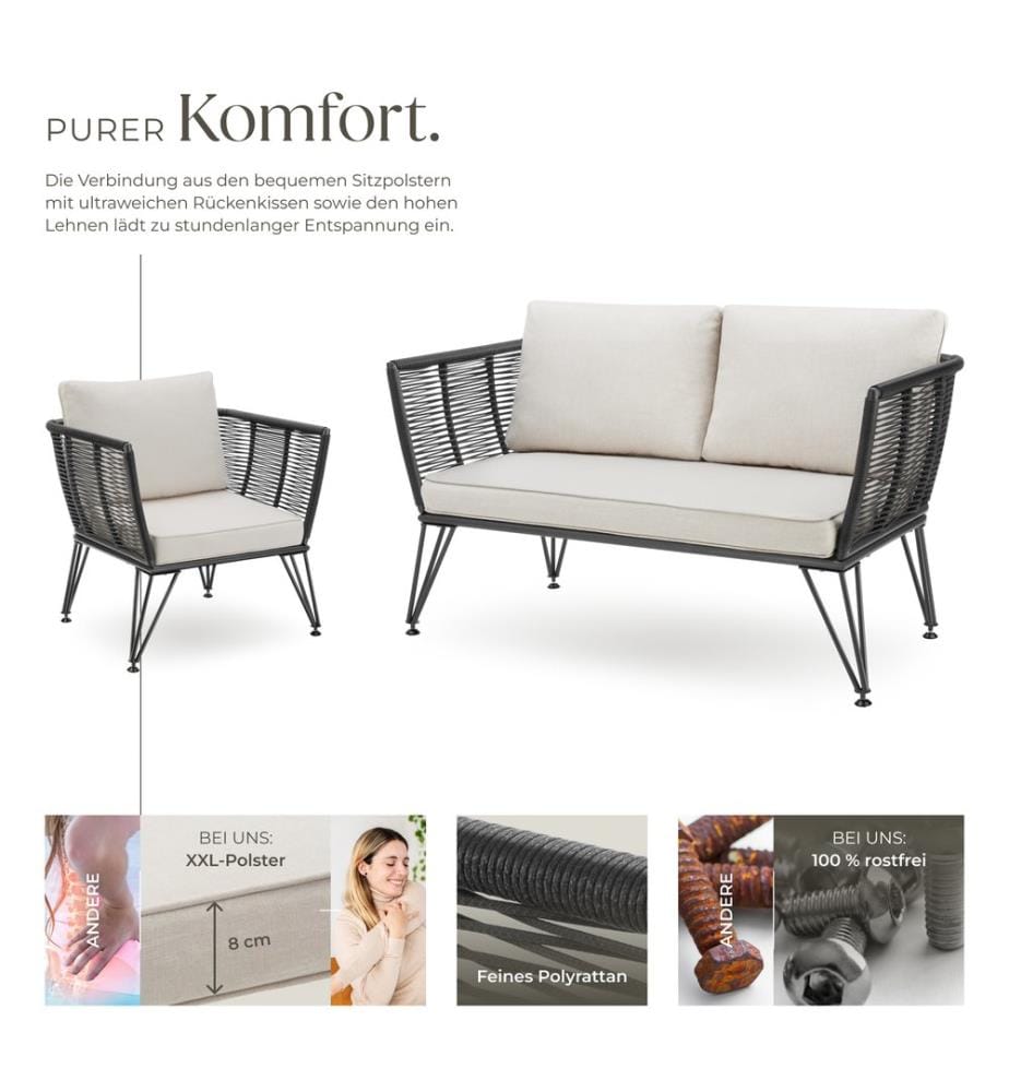 Garten-Loungeset Sundo im Rope-Design mit Polyrattan - anthrazit