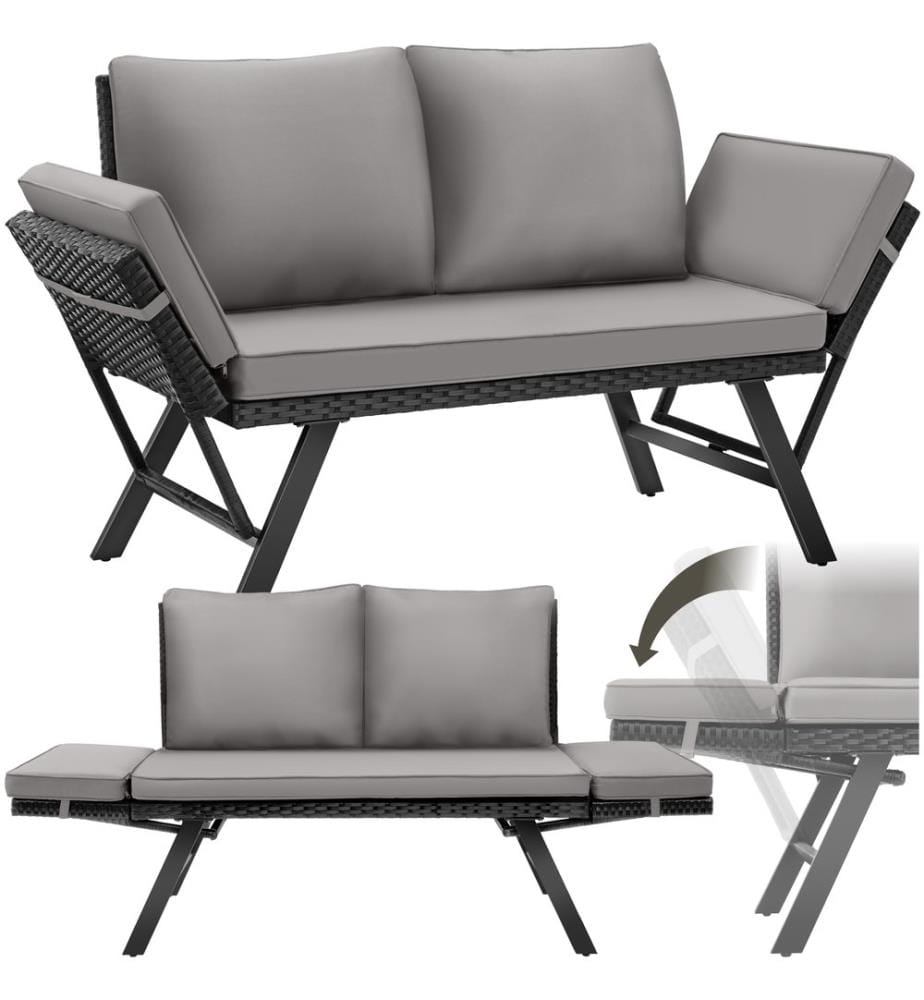 Rattan-Loungesofa Sintra, verstellbare Armlehnen, 2in1 - hellgrauschwarz