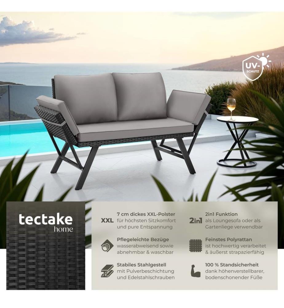 Rattan-Loungesofa Sintra, verstellbare Armlehnen, 2in1 - hellgrauschwarz