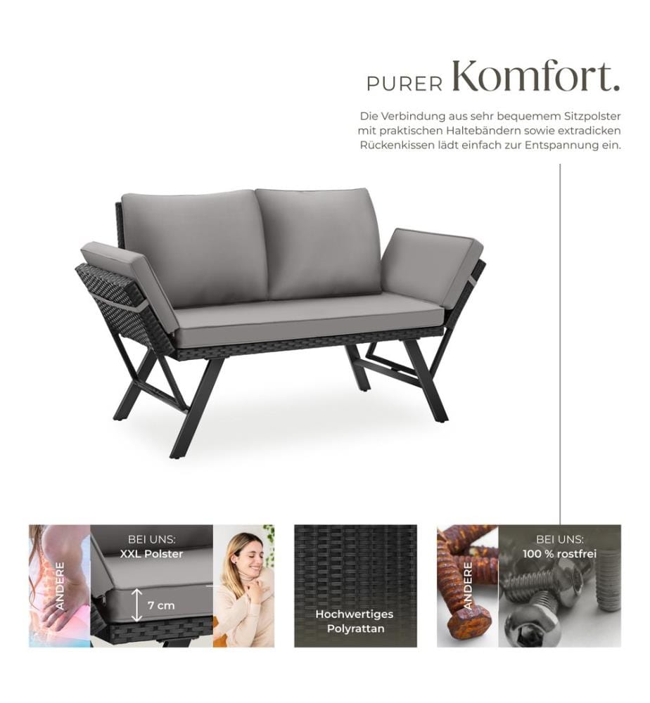 Rattan-Loungesofa Sintra, verstellbare Armlehnen, 2in1 - hellgrauschwarz
