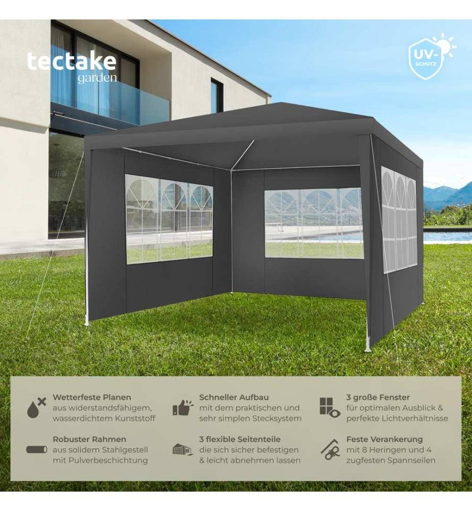 Pavillon Barinas mit 3 Seitenteilen, wasserdicht, 3x3m - grau