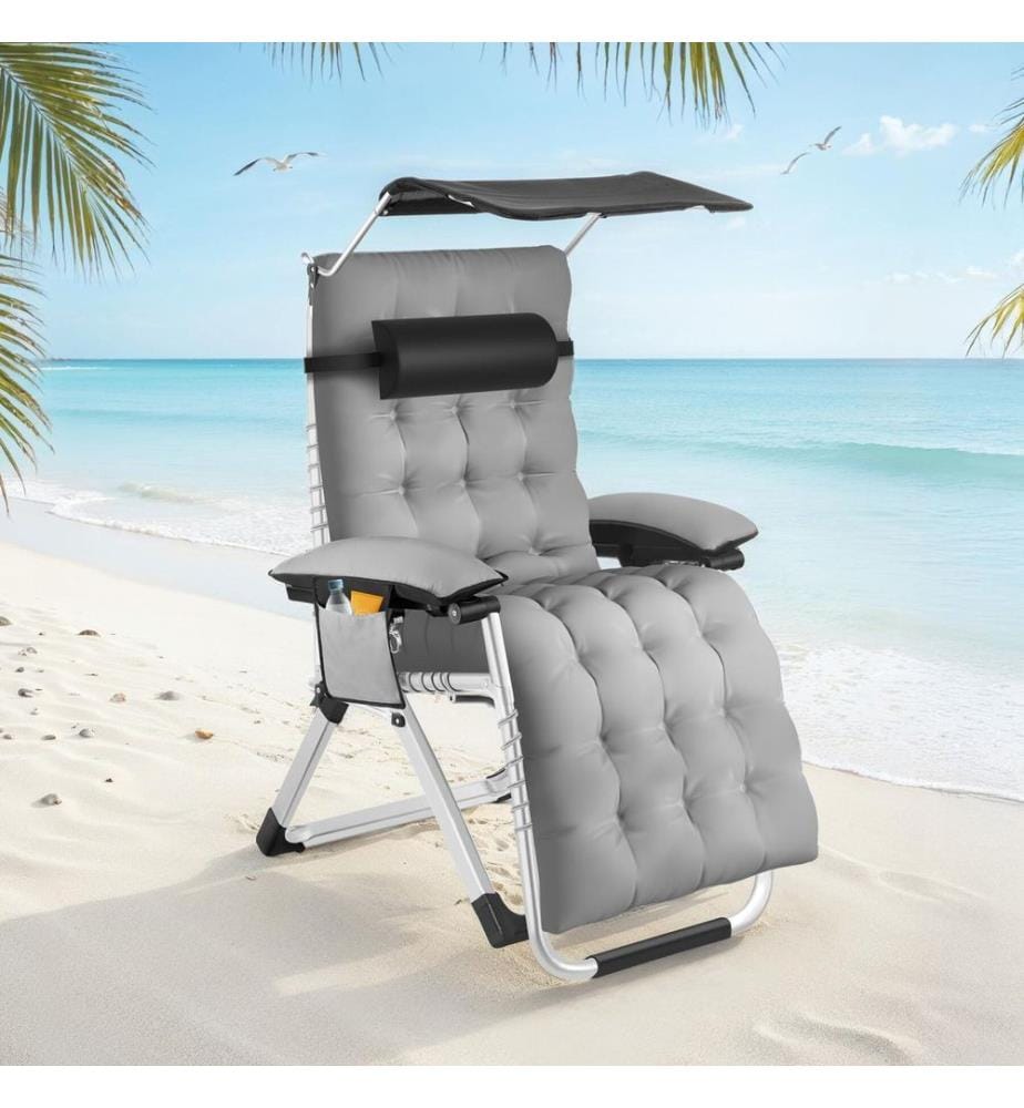 Chaise longue pliable CLOUD II avec pare-soleil - gris clair, Lot de 2
