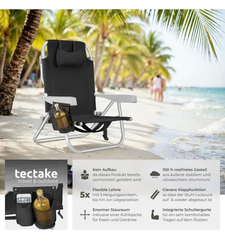 Strandstuhl Coral, klappbar mit Rucksackfunktion - schwarz, 2er Set