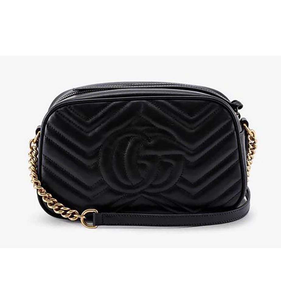 Matelassé-Leder-Kamera-Crossbody-Tasche - Schwarz