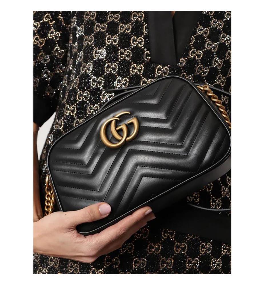 Matelassé-Leder-Kamera-Crossbody-Tasche - Schwarz