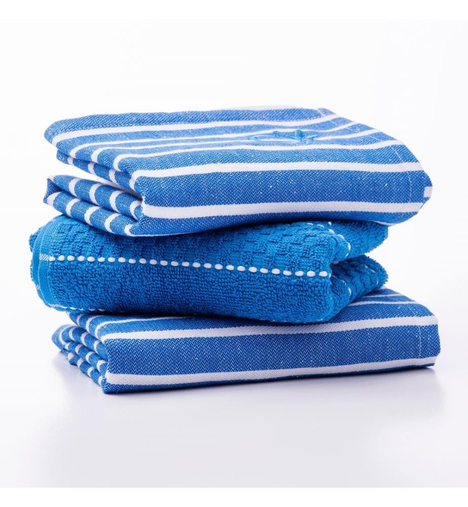 Set di 3 asciugamani e strofinacci (1 asciugamano in spugna 50x50cm + 2 tovaglioli) 100% cotone blu