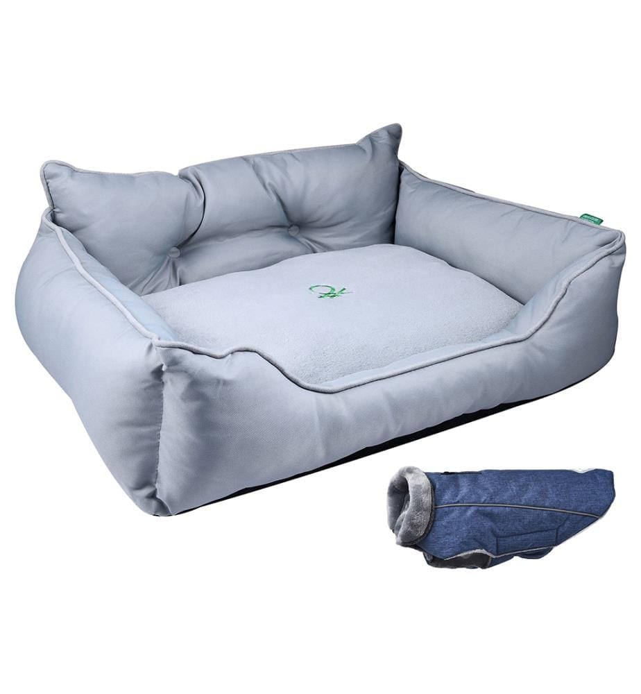 Haustierkorb 90 x 70 x 28cm Grau und Haustiermantel 40cm Blau
