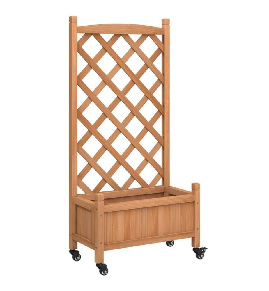 Jardinière avec treillis et roues marron bois massif de sapin
