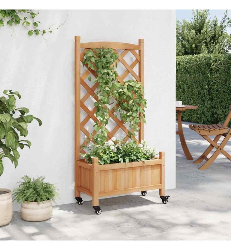 Jardinière avec treillis et roues marron bois massif de sapin