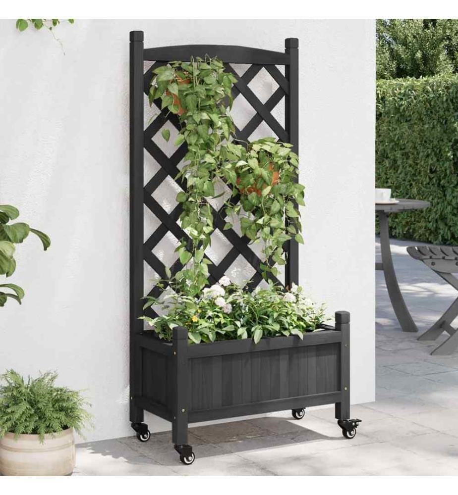 Jardinière avec treillis et roues noir bois massif de sapin
