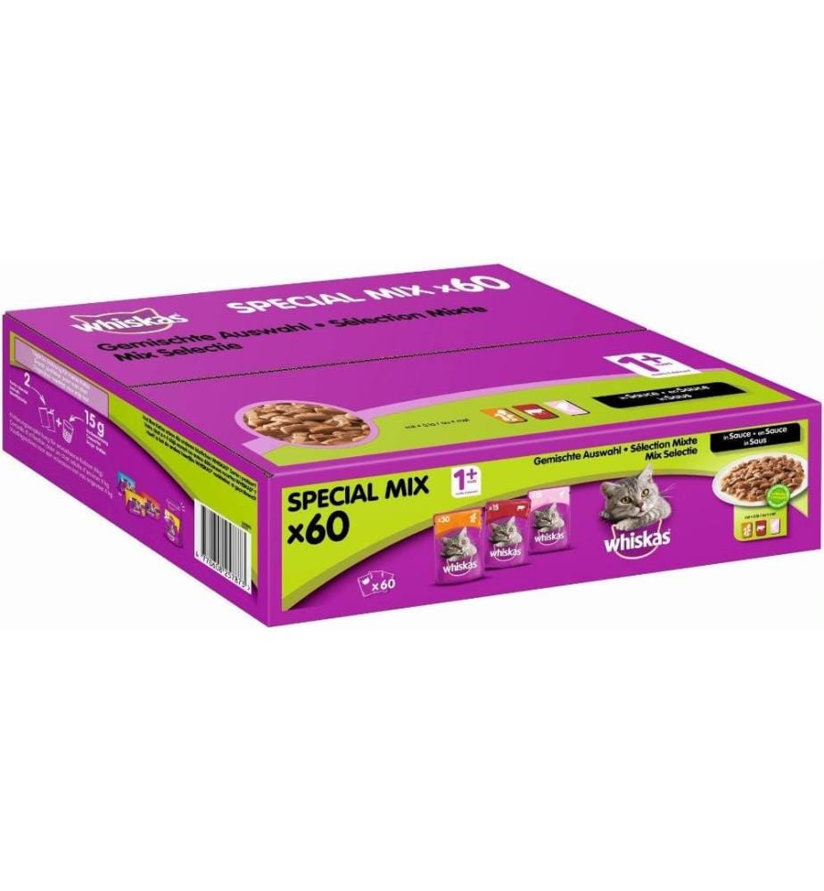 WHISKAS - Nassfutter Gemischte Auswahl in Sauce Beutel, 60 x 100 g