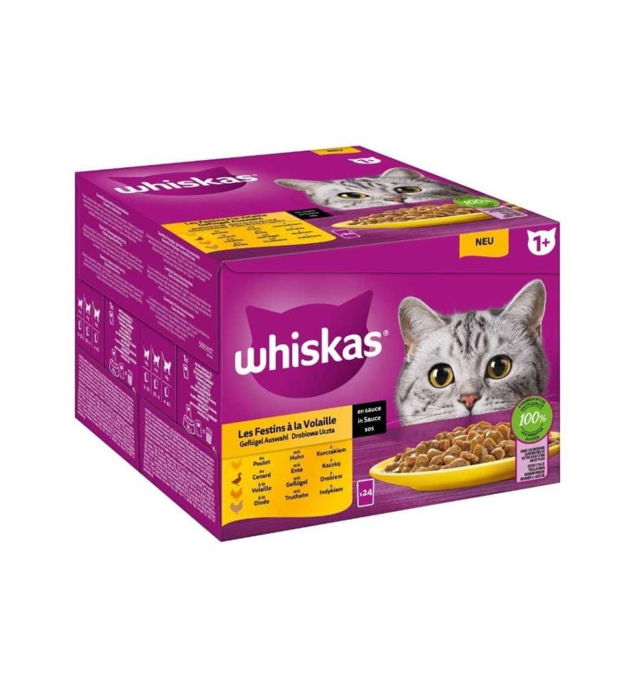 WHISKAS - Nassfutter 1+, Geflügel Auswahl in Sauce, 24 x 85 g