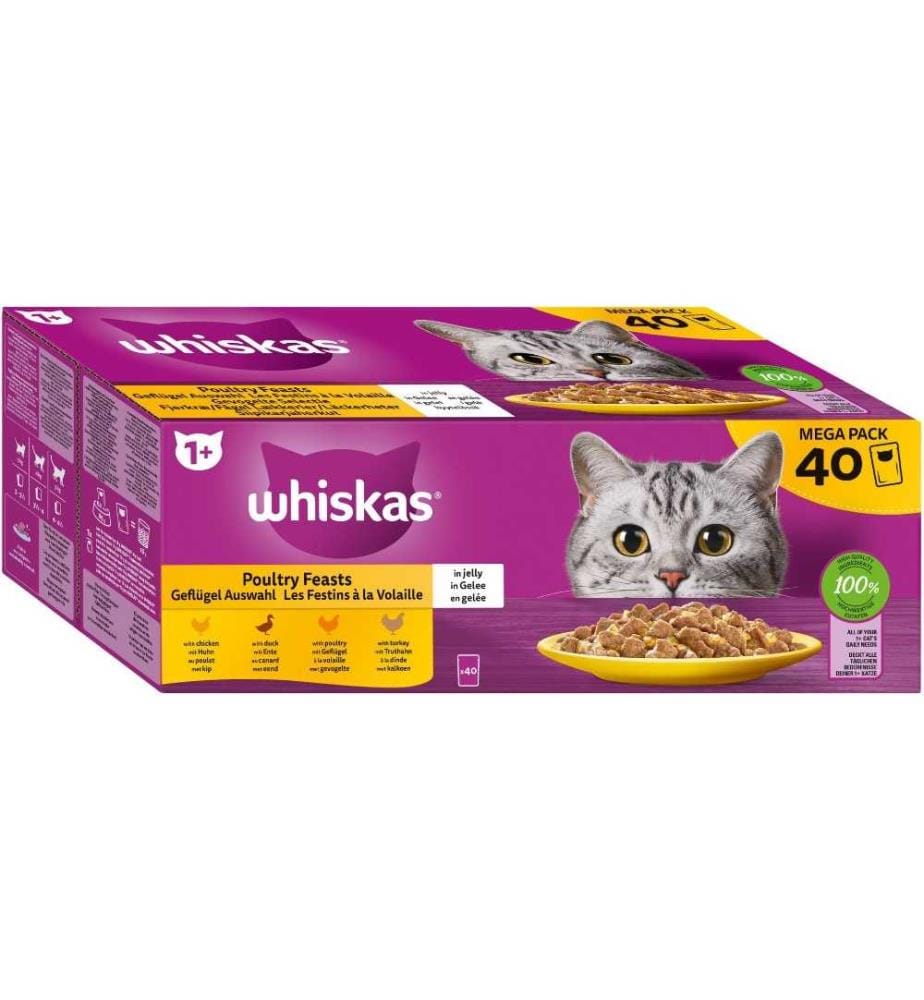 WHISKAS - Nassfutter 1+, Geflügel Auswahl in Gelee, 40 x 85 g