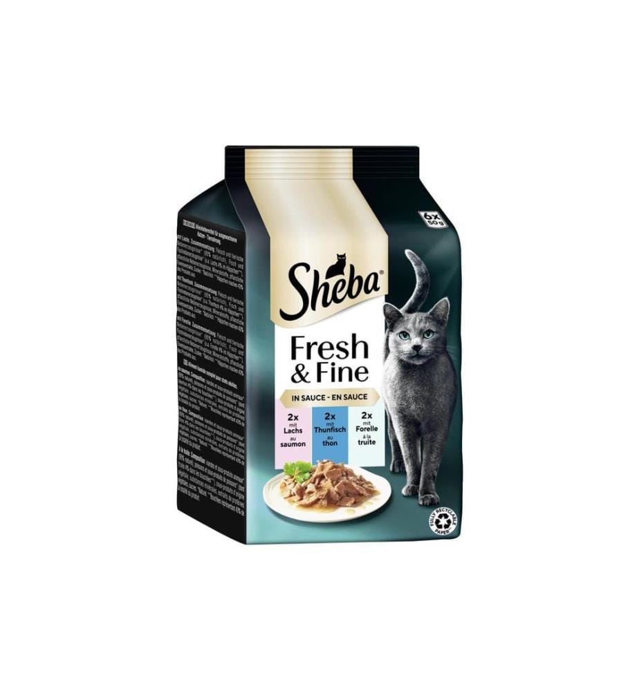 SHEBA - Alimentation humide Sauce au saumon, au thon et à la truite, 6 x 50g
