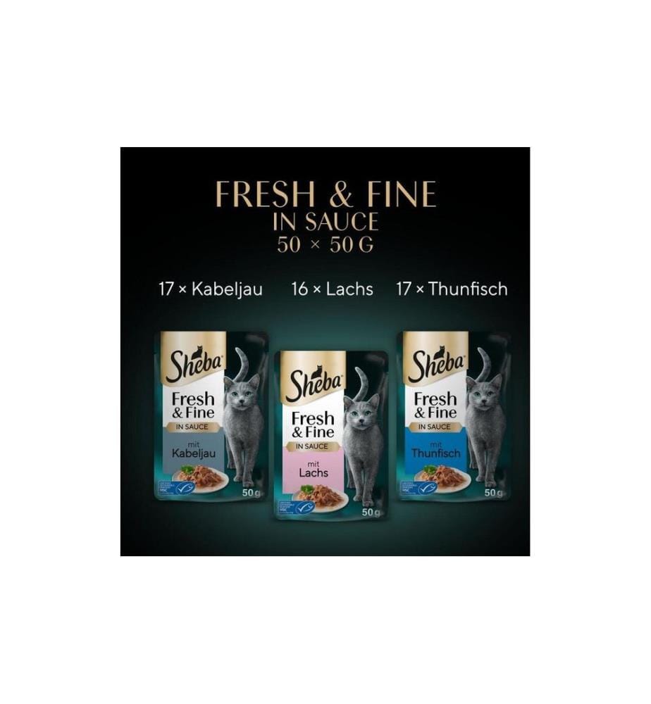 SHEBA - Alimentation humide Sauce au cabillaud, au saumon et au thon, 50 x 50g