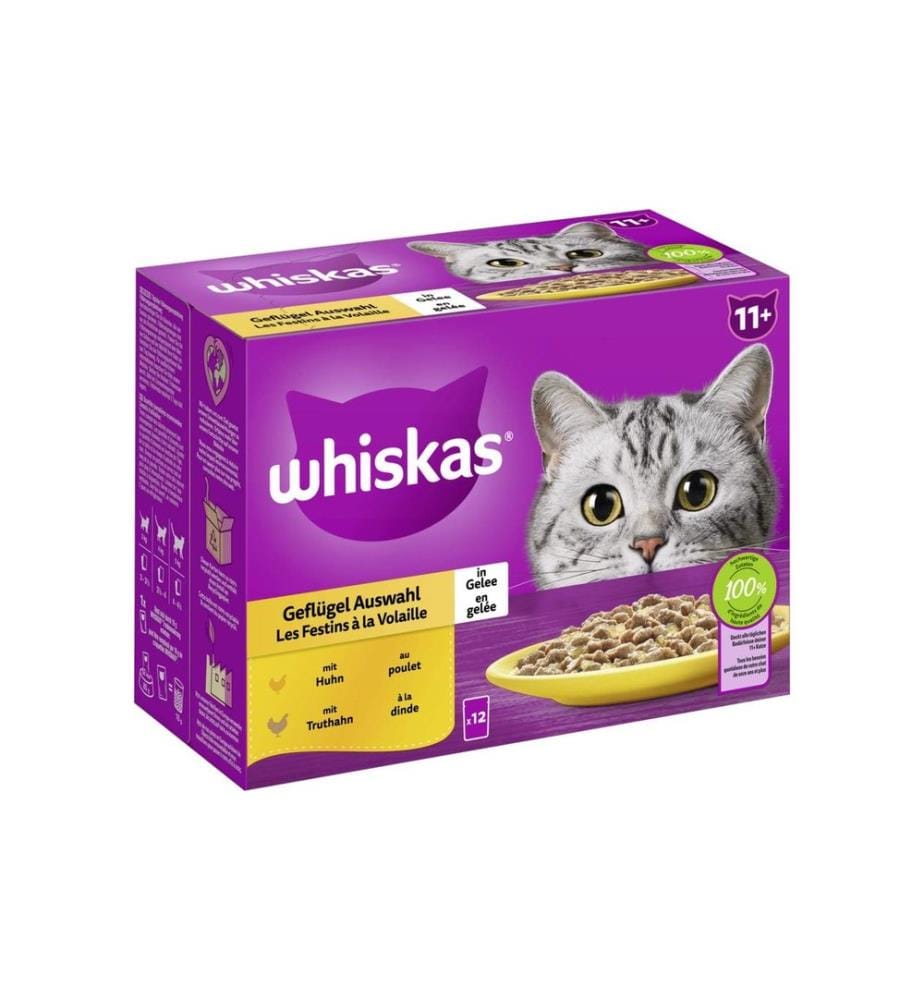 WHISKAS - Nassfutter Geflügel in Gelee 11+, 12 x 85g