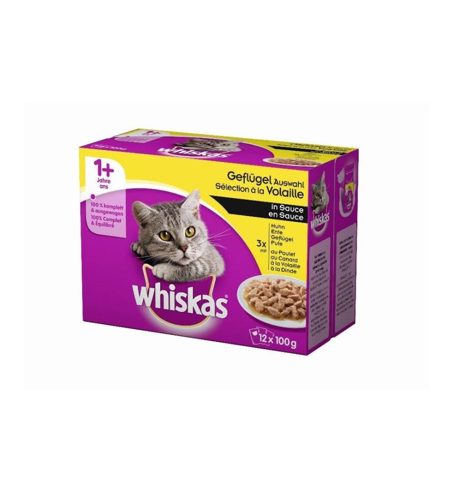 WHISKAS - Nassfutter 1+ Geflügel Auswahl, Multipack 12 x 100g