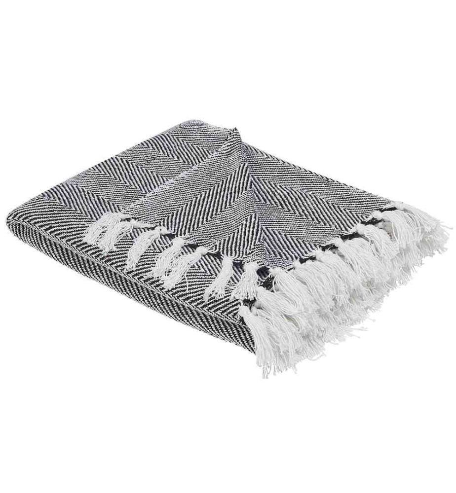 Plaid Tissé à la Main en Coton Blanc et Noir 130 x 160 cm Couverture Douce et Confortable avec Frange de Style Boho