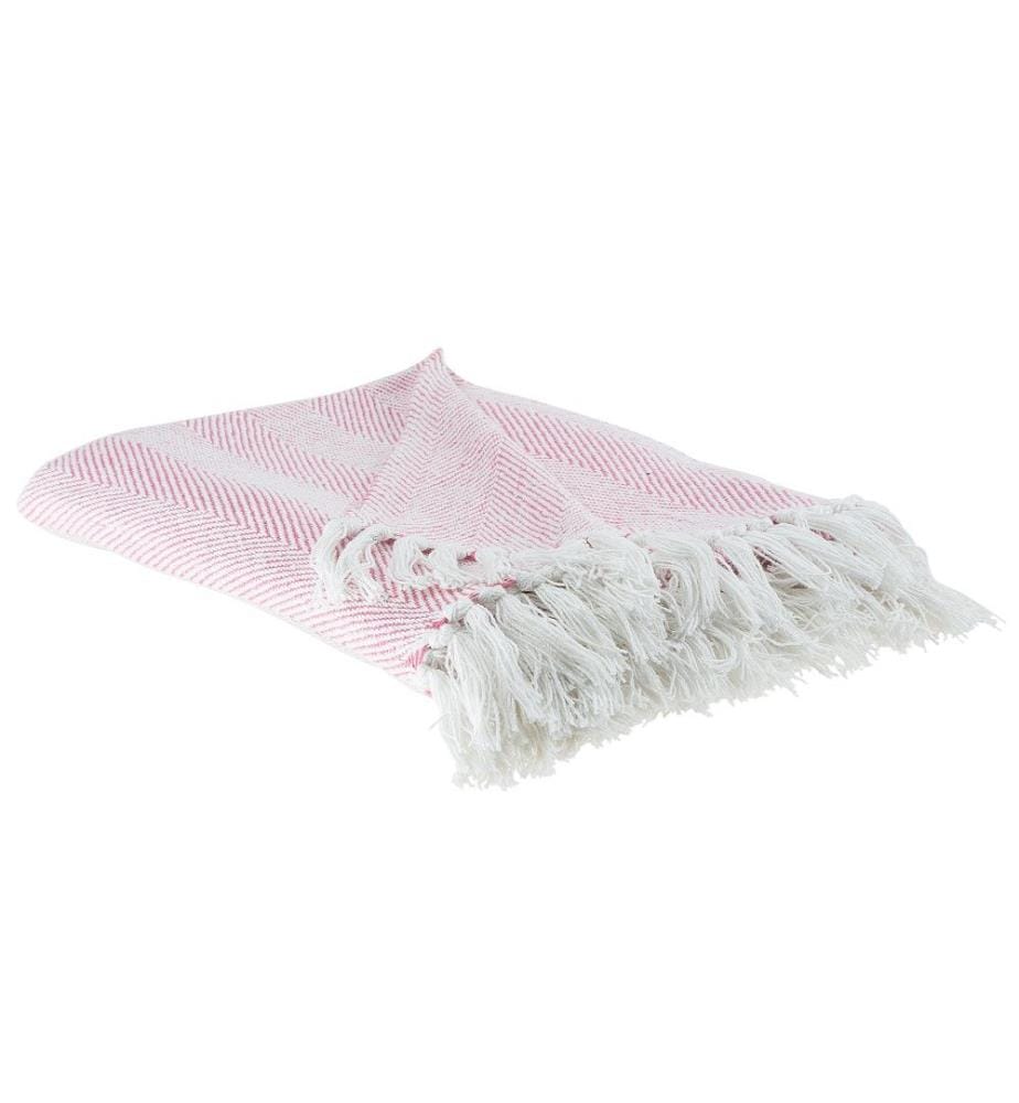 Plaid Tissé à la Main en Coton Blanc et Rose 130 x 160 cm Couverture Douce et Confortable avec Frange de Style Boho