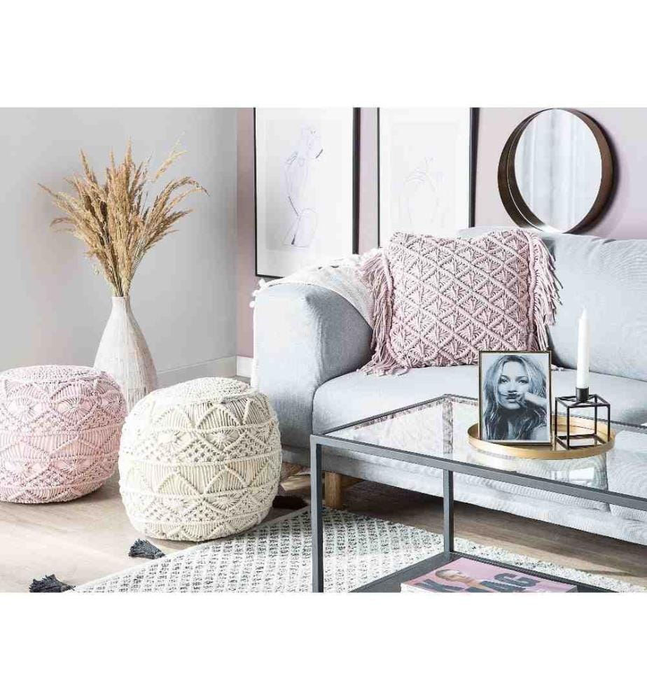 Dekokissen Rosa Baumwolle 45 x 45 cm Mit Fransen Strickmuster Boho-Stil Wohnzimmer Salon Schlafzimmer