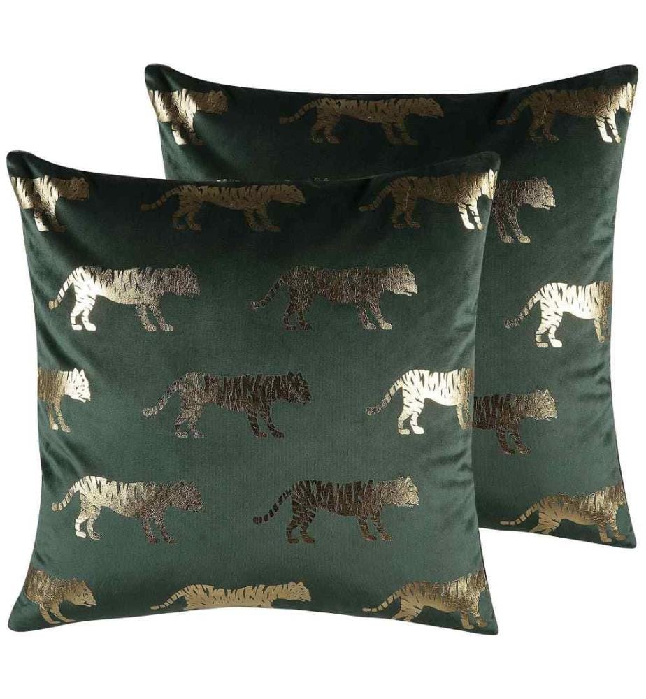 Dekokissen 2er Set Grün/Gold Samtstoff Tiermotiv 45 x 45 cm Wohnzimmer Salon Schlafzimmer Modern