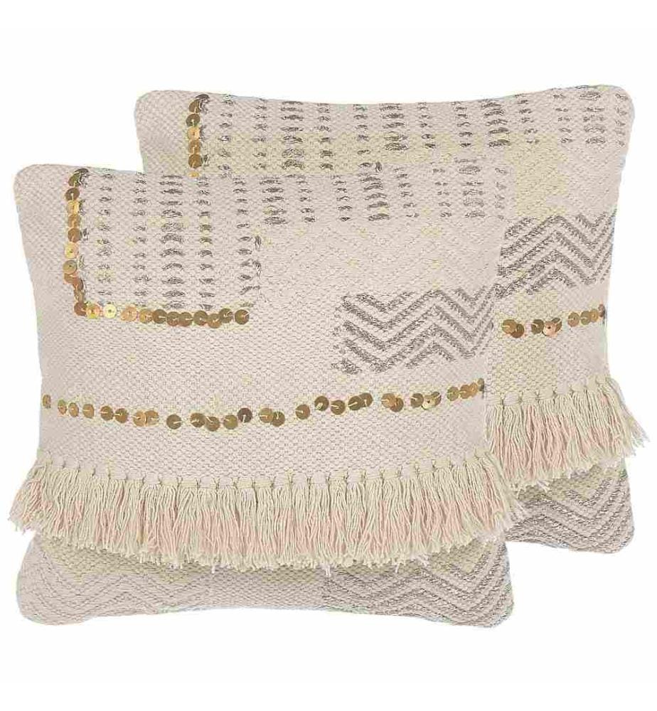 Dekokissen 2er Set Beige Baumwolle 45 x 45 cm Boho-Stil Wohnzimmer Salon Schlafzimmer