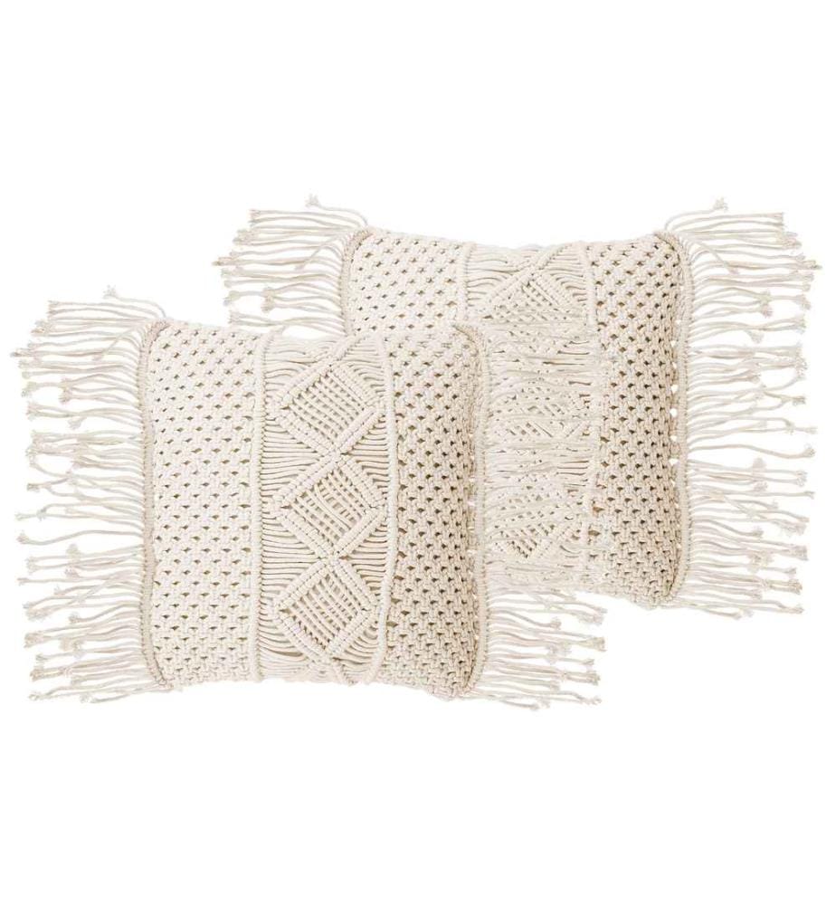 Lot de 2 Coussins Décoratifs Beiges 45 x 40 cm en Coton Macramé avec Franges Accessoire Idéal pour Intérieurs au Style Scandinave ou Boho