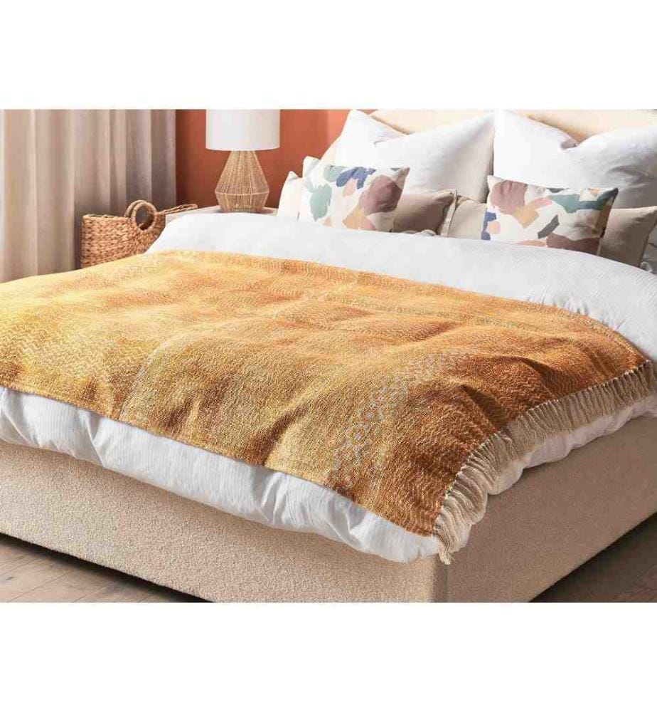 Couvre-Lit Beige / Jaune en Coton 180 x 130 cm à Double Face Deux Couleurs Très Doux Déco pour Chambre de Style Boho Rustique