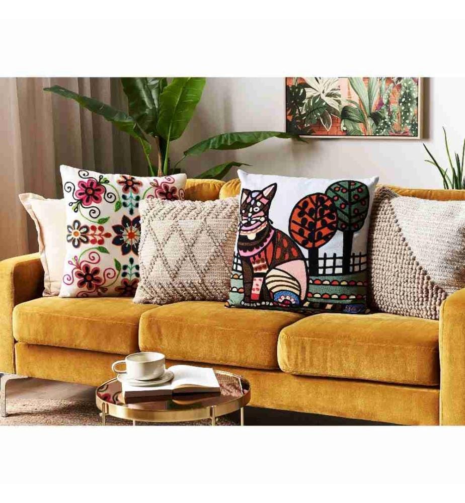 Dekokissen 2er Set Mehrfarbig Baumwolle und Wolle Stoffbezug mit Polyester-Füllung 50x50 cm Katzenmotiv Accessories Wohn- u. Schlafzimmer Flur